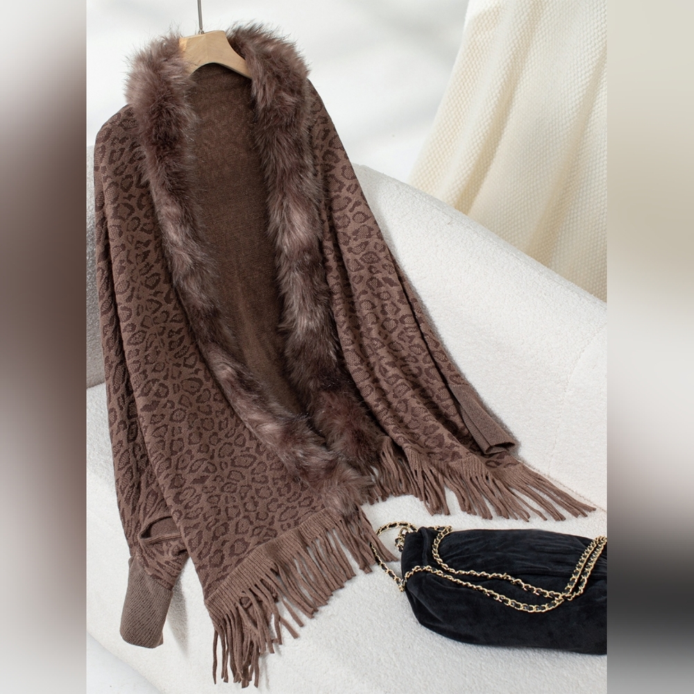 Plush Faux Fur Leopard Retro Fringe Boho Oversized Poncho Knit Cardigan Jacket - Picture 9 of 15